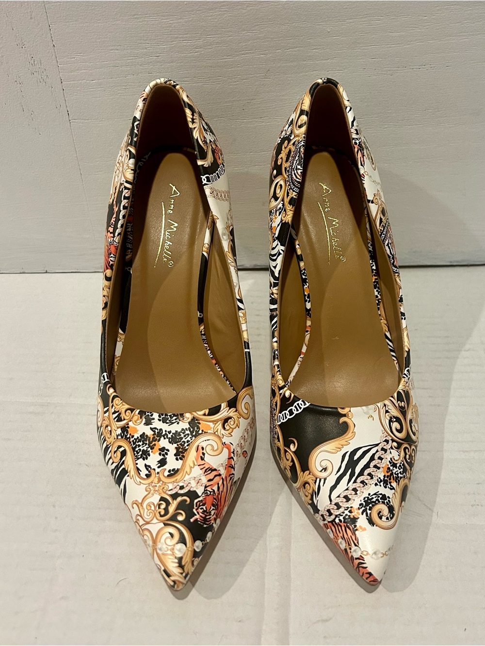 Anne Michelle Black & Gold Baroque Print Pointed-Toe Stiletto Heels - Picture 2 of 5
